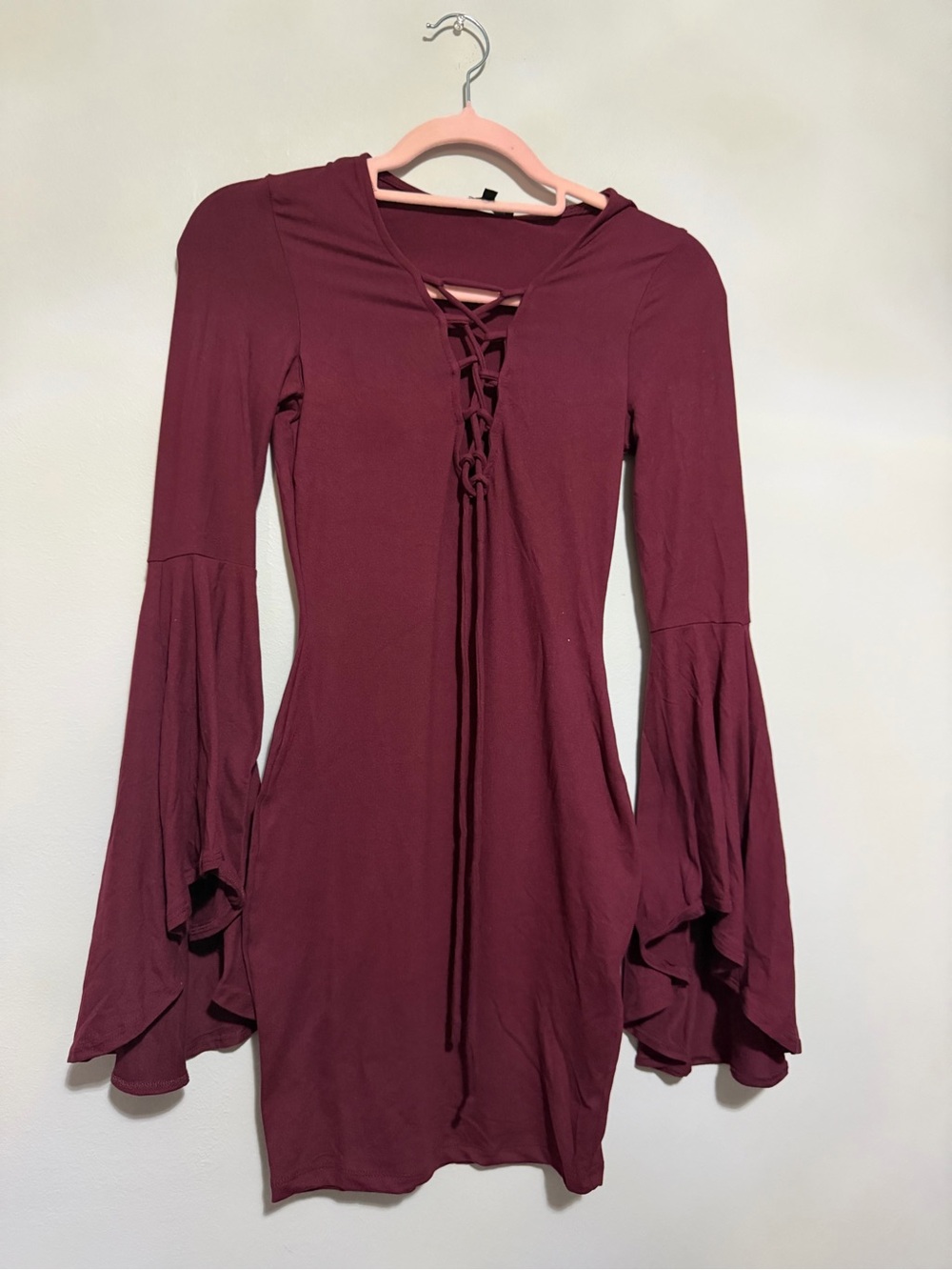 Lace-Up Bell Sleeve Dress - Burgundy